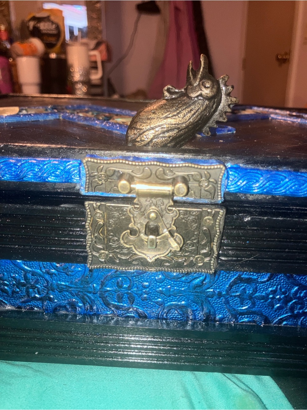 1940 Tramp Art Blue Embossed Decorative Jewelry Box with Brass Rooster Latch